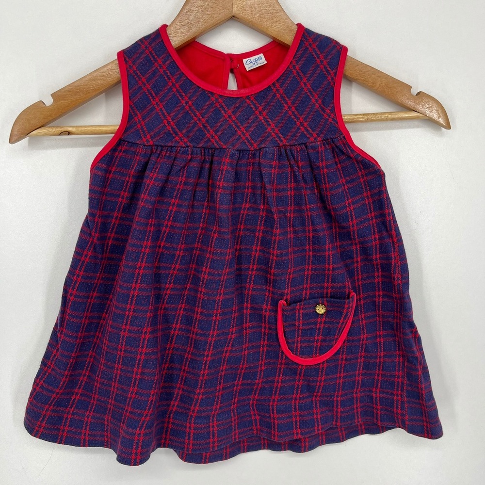 Carters Toddler Girls 3T Navy Blue Red Plaid Sleeveless Cotton Dress Pocket 60s